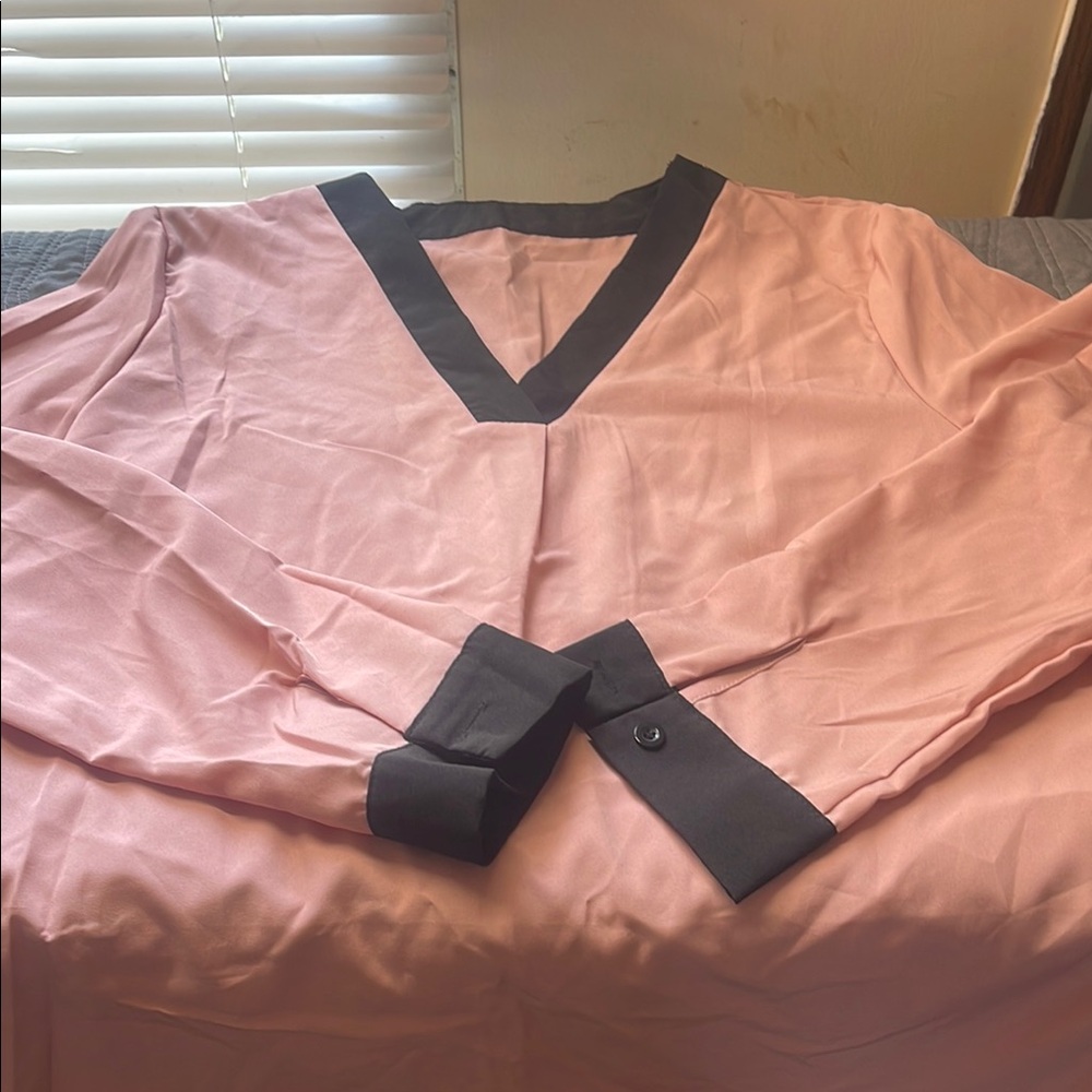 Pink V-Neck Blouse with Black Trim